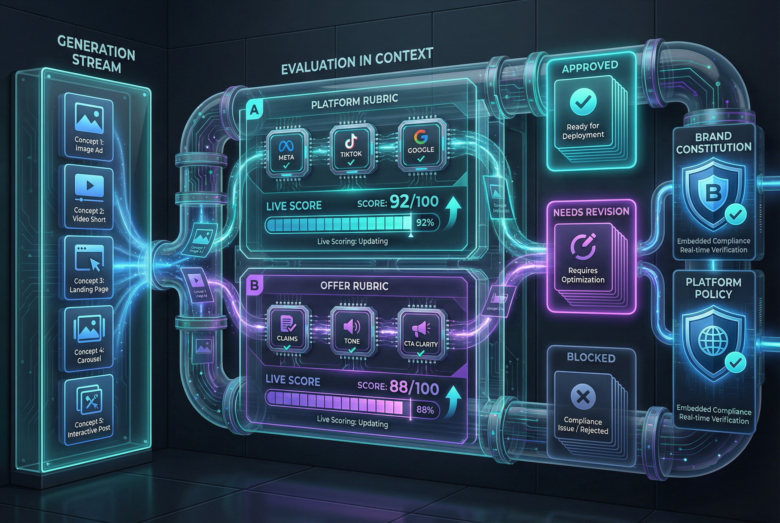 Evaluation and compliance interface with rubric-based quality gates